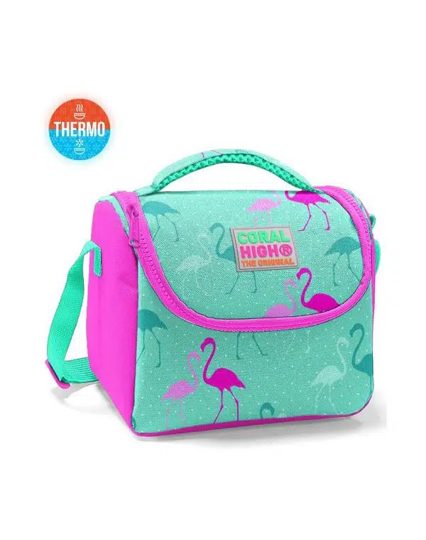 Coral High Su Yeşili Neon Pembe Flamingo Desenli Thermo Beslenme Çantası 11804