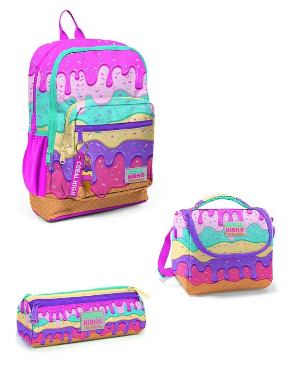 Coral High Kids Pembe Rengarenk Dondurma Desenli 3lü Okul Çanta Seti