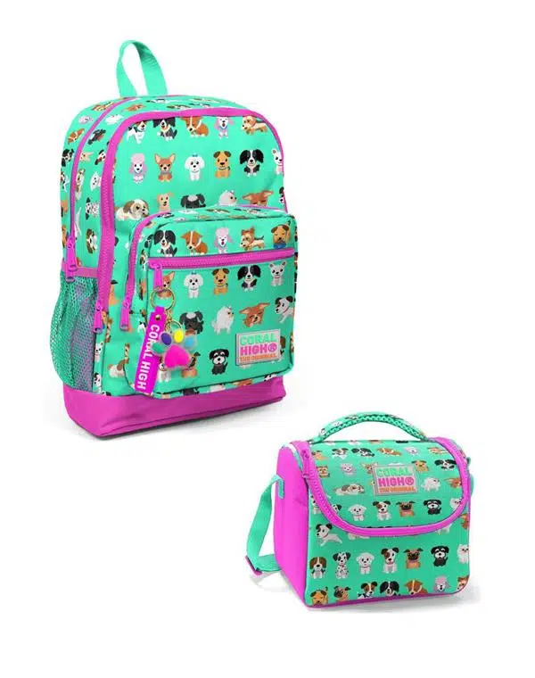Coral High Kids Su Yeşili Neon Pembe Köpek Desenli 2li Okul Çanta Seti