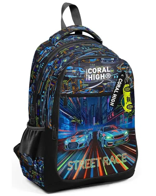 Coral High Renkli Yarış Arabası Desenli Üç Bölmeli Okul Sırt Çantası 33259
