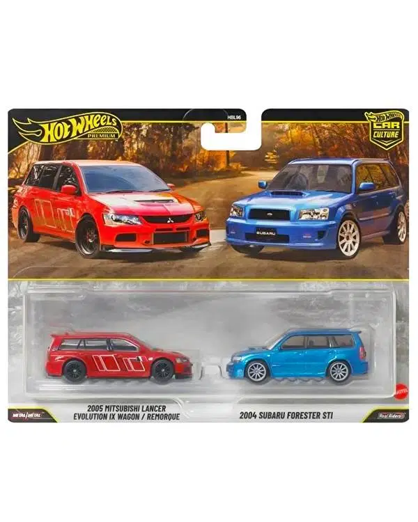 Hot Wheels Premium 2005 Mitsubishi Lancer Evolution IX Wagon ve 2004 Subaru Forester STI 2li Set JHW46