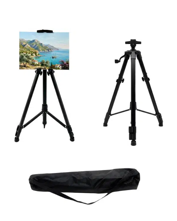 Temel Katlanabilir Metal Tripod Şövale - Kollu Yükseklik Ayarlı, Taşıma Çantalı, Siyah