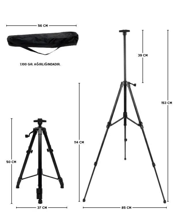 Temel Katlanabilir Metal Tripod Şövale - Kollu Yükseklik Ayarlı, Taşıma Çantalı, Siyah Temel Katlanabilir Metal Tripod Şövale - Kollu Yükseklik Ayarlı, Taşıma Çantalı, Siyah