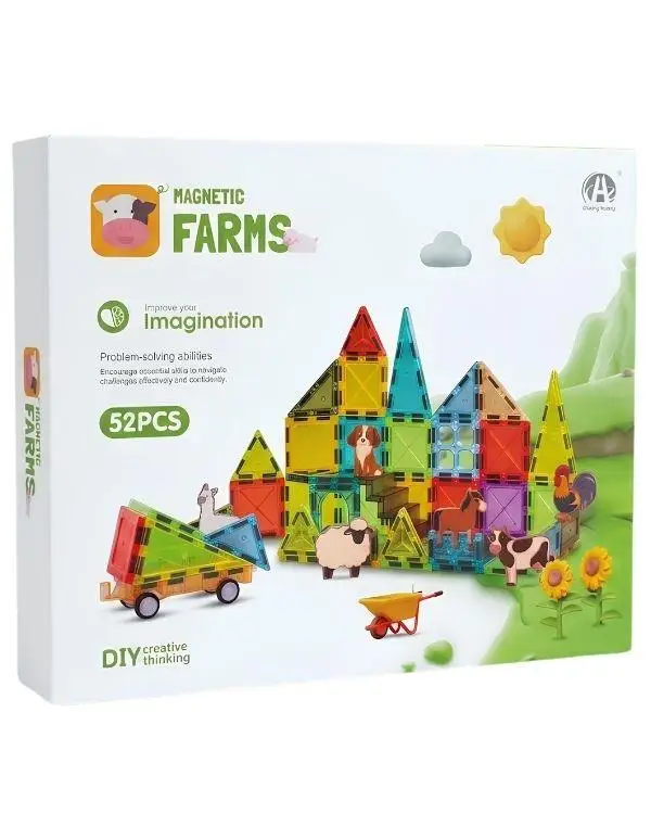 KZL Magnetic Farms Çiftlik Hayvan Figürlü Araçlı Manyetik Yapı Blokları Seti 5.5 cm 52 Parça CH1508