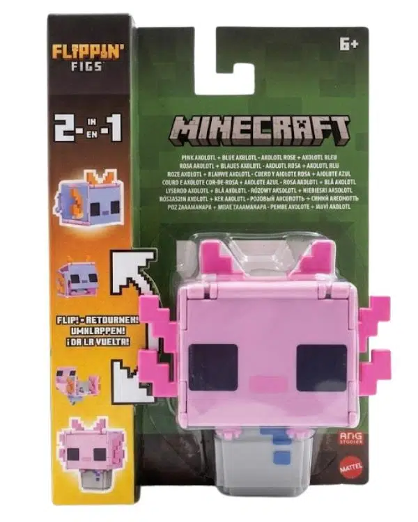 Minecraft Flippin Figs 2 si 1 arada Pink Axolotl ve Blue Axolotl Aksiyon Figürü