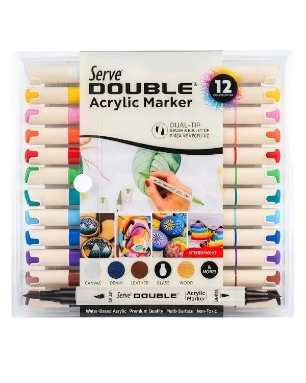 Serve Double Çift Uçlu Akrilik Marker Kalem Seti Fırça ve Keçeli Uç 12 Renk SVDAM12P