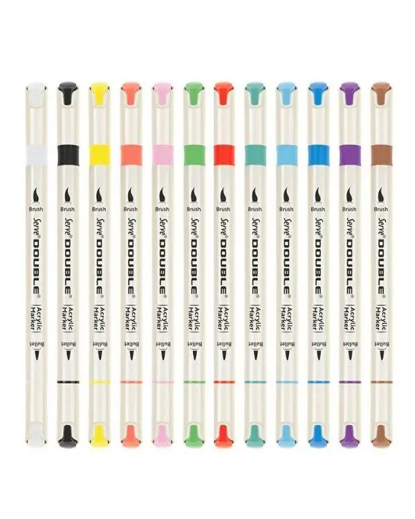 Serve Double Çift Uçlu Akrilik Marker Kalem Seti Fırça ve Keçeli Uç 12 Renk SVDAM12P Serve Double Çift Uçlu Akrilik Marker Kalem Seti Fırça ve Keçeli Uç 12 Renk SVDAM12P