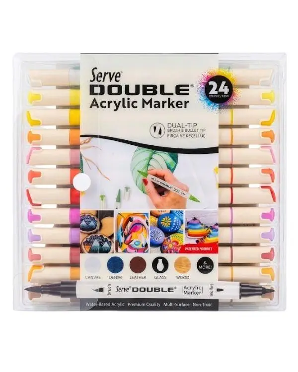 Serve Double Çift Uçlu Akrilik Marker Kalem Seti Fırça ve Keçeli Uç 24 Renk SVDAM24P