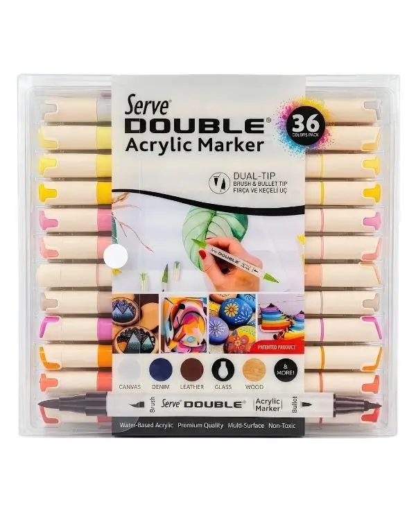 Serve Double Çift Uçlu Akrilik Marker Kalem Seti Fırça ve Keçeli Uç 36 Renk SVDAM36P