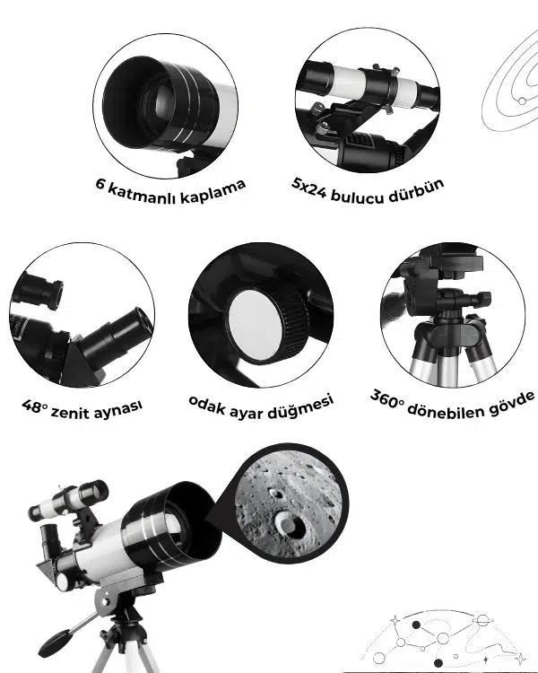 Temel Astronomik Teleskop Seti, 70 mm Açıklık, 300 mm Odak ve 3× Lens F30070M Temel Astronomik Teleskop Seti, 70 mm Açıklık, 300 mm Odak ve 3× Lens F30070M