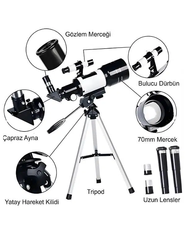 Temel Astronomik Teleskop Seti, 70 mm Açıklık, 300 mm Odak ve 3× Lens F30070M Temel Astronomik Teleskop Seti, 70 mm Açıklık, 300 mm Odak ve 3× Lens F30070M