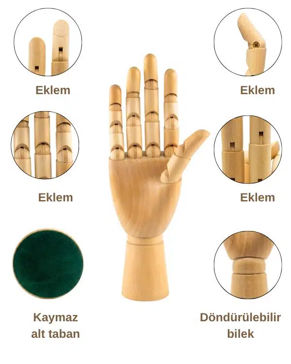 Ahşap El Modeli, Mafsallı Tabanlı Çizim ve Takı Sergileme Mankeni, 30 cm Ahşap El Modeli, Mafsallı Tabanlı Çizim ve Takı Sergileme Mankeni, 30 cm