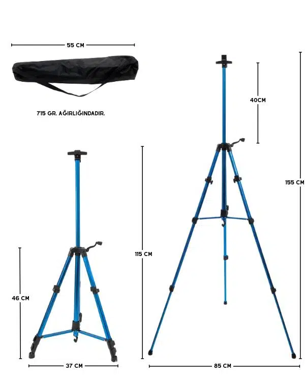 Temel Katlanabilir Alüminyum Tripod Şövale - Kollu Yükseklik Ayarlı, Su Terazili, Mavi Temel Katlanabilir Alüminyum Tripod Şövale - Kollu Yükseklik Ayarlı, Su Terazili, Mavi