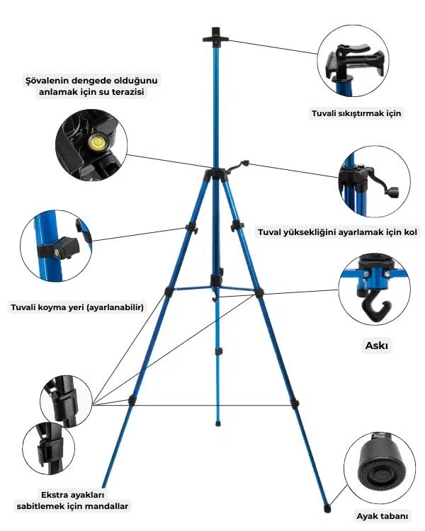 Temel Katlanabilir Alüminyum Tripod Şövale - Kollu Yükseklik Ayarlı, Su Terazili, Mavi Temel Katlanabilir Alüminyum Tripod Şövale - Kollu Yükseklik Ayarlı, Su Terazili, Mavi