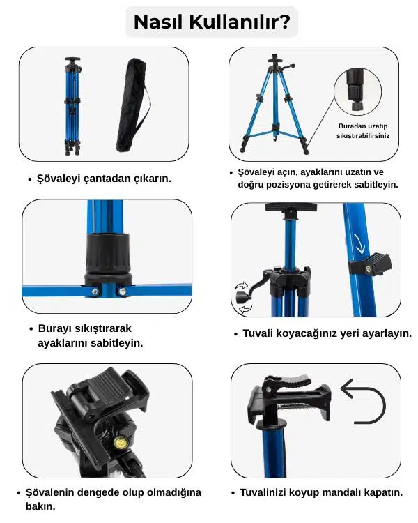 Temel Katlanabilir Alüminyum Tripod Şövale - Kollu Yükseklik Ayarlı, Su Terazili, Mavi Temel Katlanabilir Alüminyum Tripod Şövale - Kollu Yükseklik Ayarlı, Su Terazili, Mavi