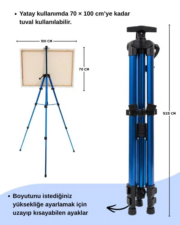 Temel Katlanabilir Alüminyum Tripod Şövale - Kollu Yükseklik Ayarlı, Su Terazili, Mavi Temel Katlanabilir Alüminyum Tripod Şövale - Kollu Yükseklik Ayarlı, Su Terazili, Mavi