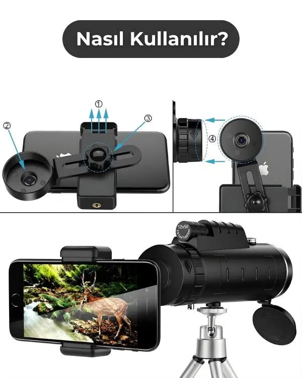 Temel Monoküler Teleskop, Telefon Tutuculu Tripodlu Su Geçirmez Tek Göz Dürbün Temel Monoküler Teleskop, Telefon Tutuculu Tripodlu Su Geçirmez Tek Göz Dürbün