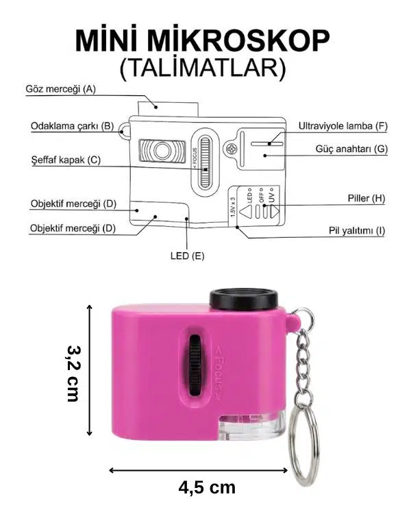 Temel Cep Mikroskobu 60X LED ve UV Işıklı Taşınabilir Pembe Mikroskop Temel Cep Mikroskobu 60X LED ve UV Işıklı Taşınabilir Pembe Mikroskop
