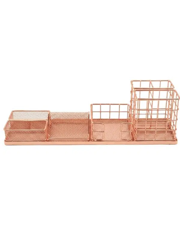 Temel Rose Gold Metal Mesh Modüler Masaüstü Organizer Seti 7 Parça 37x10 cm 9519