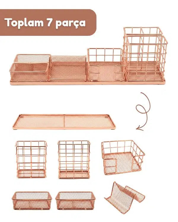 Temel Rose Gold Metal Mesh Modüler Masaüstü Organizer Seti 7 Parça 37x10 cm 9519 Temel Rose Gold Metal Mesh Modüler Masaüstü Organizer Seti 7 Parça 37x10 cm 9519