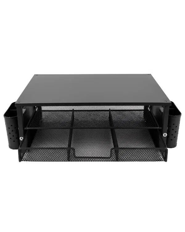 Temel Siyah Ahşap Üst Tablalı Metal Mesh Monitör Yükseltici Stand Çekmeceli Kalemlikli Masaüstü Organizer 9214