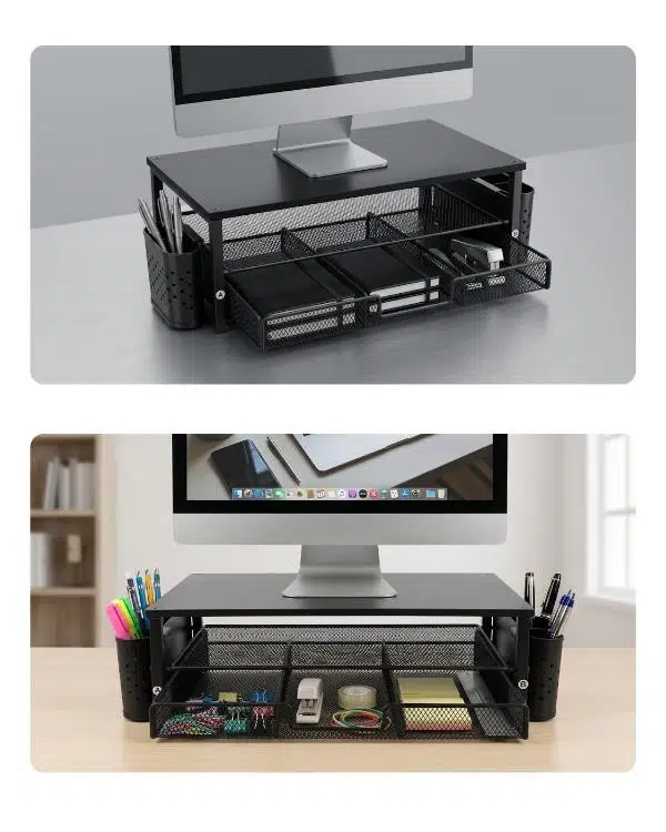 Temel Siyah Ahşap Üst Tablalı Metal Mesh Monitör Yükseltici Stand Çekmeceli Kalemlikli Masaüstü Organizer 9214 Temel Siyah Ahşap Üst Tablalı Metal Mesh Monitör Yükseltici Stand Çekmeceli Kalemlikli Masaüstü Organizer 9214